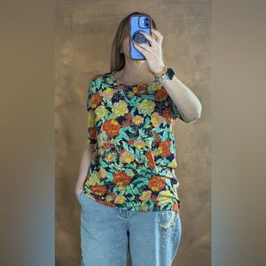 LuLaRoe Short-Sleeve Floral Tee in Navy, Red & Yellow